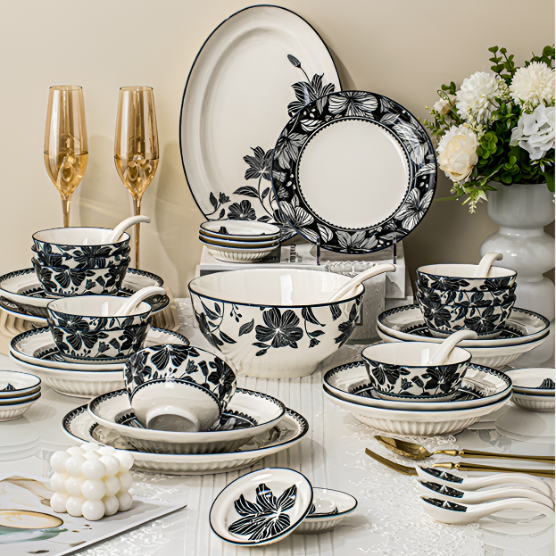 法式百合景德镇高颜值餐具釉下彩高档餐厅用轻奢碗盘一套家用送礼