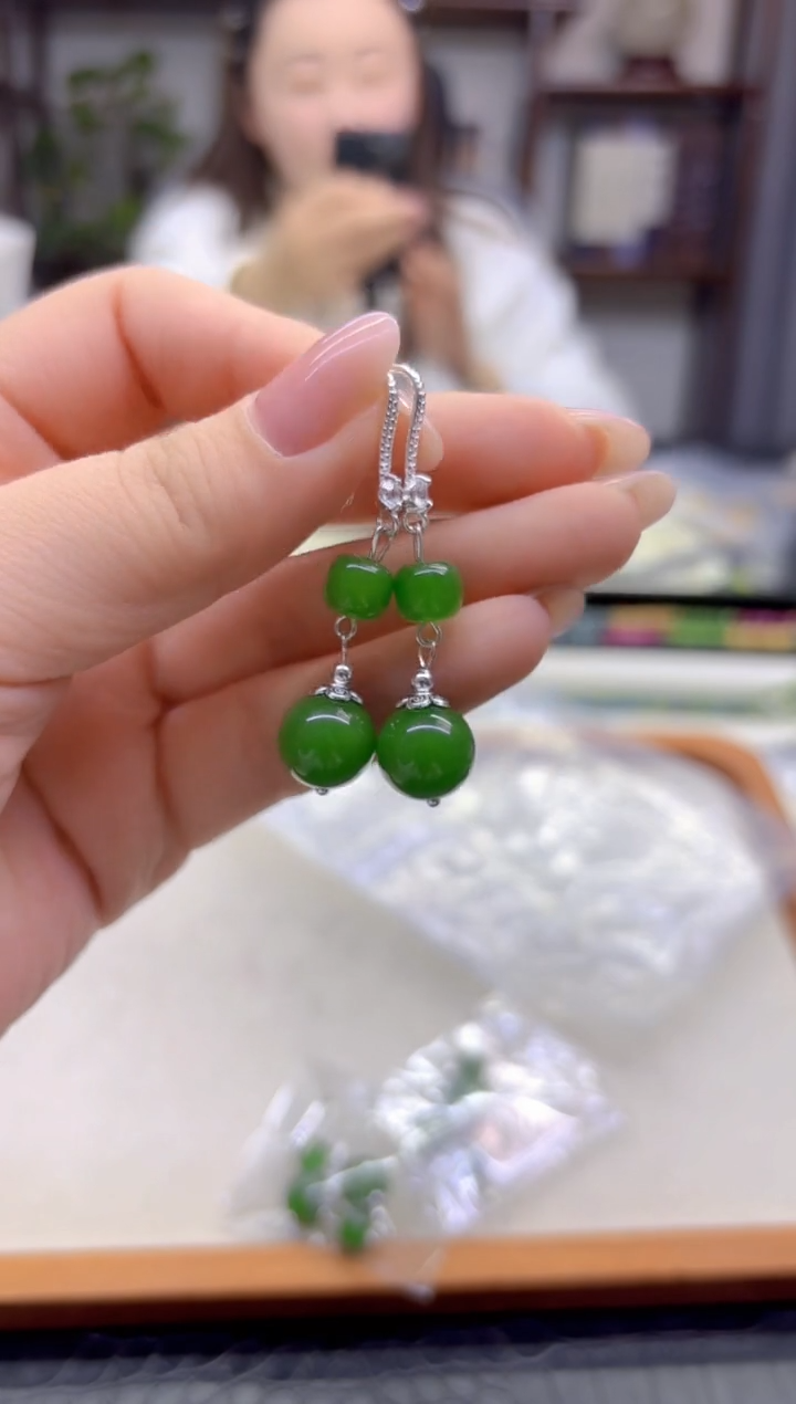 银S925镶嵌和田玉耳饰DIY款E902