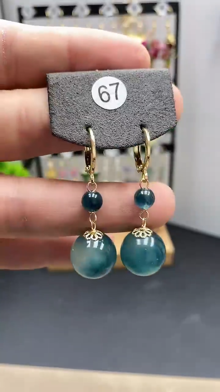 【闪购商品】翡翠耳饰银S925镀金镶嵌蓝水耳扣尺寸14mm