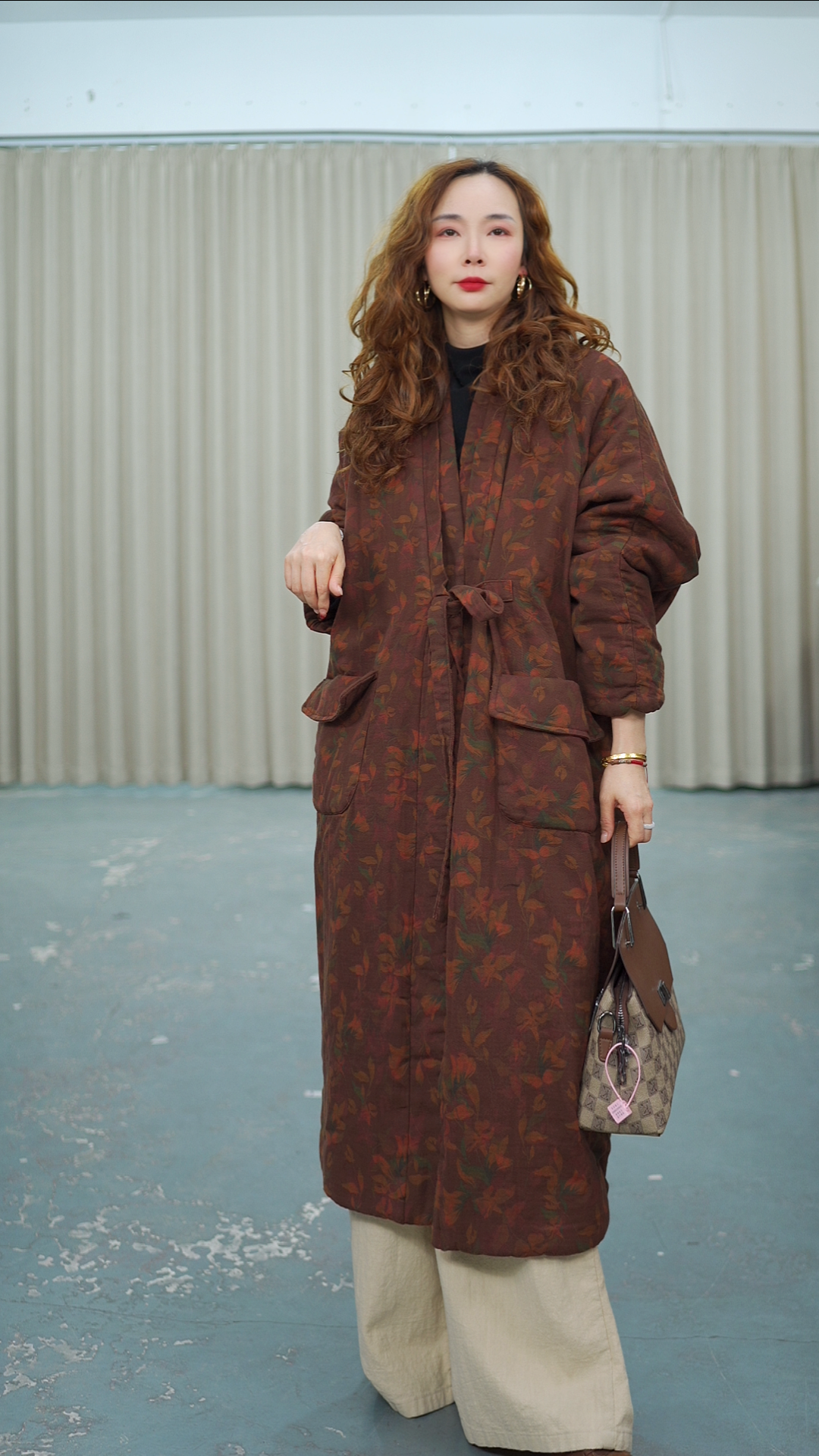 花璟与麻原创设计款5D印花系带加棉外套（衣长115胸围140)