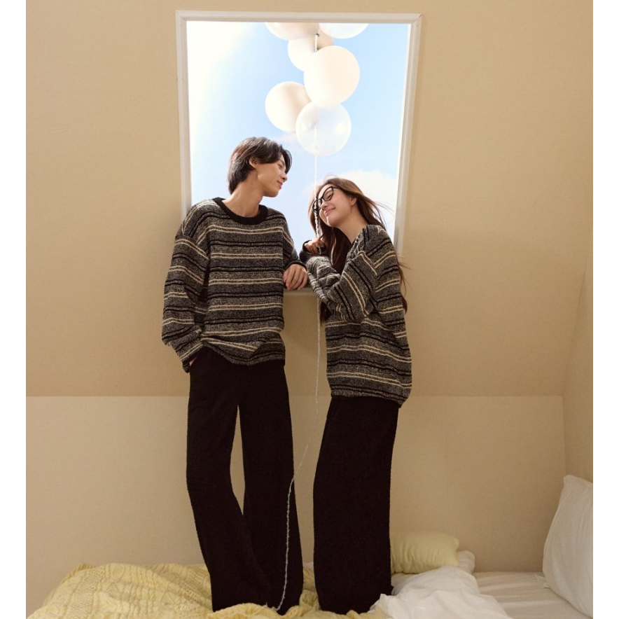 冬季情侣条纹宽松型长袖半边绒针织衫毛衣百搭冬季休闲家居服