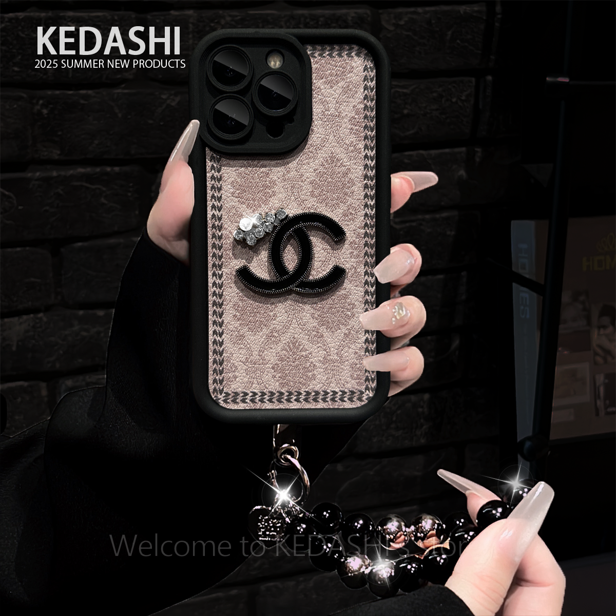 【华为系列】布艺方格羊皮双C贴件适用华为珍珠手链全包手机壳女