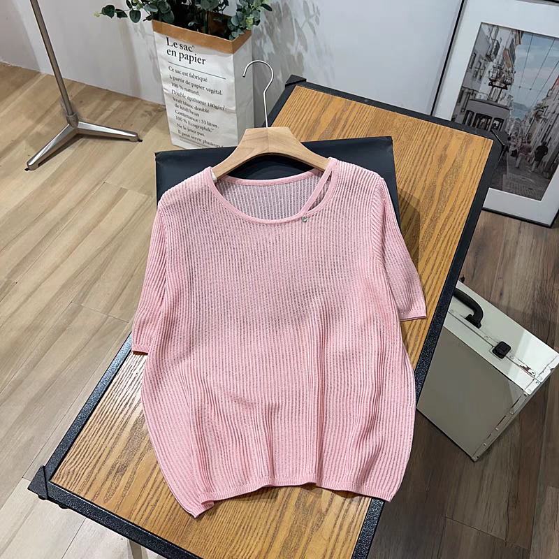 玲姐定制-圆领简约纯色漏锁骨短袖女微镂空薄微透针织短袖170920