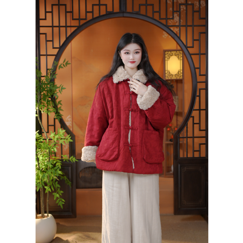 【落雪】新年女保暖亚麻提花棉衣国风翻领棉服毛绒盘扣冬季复古6600