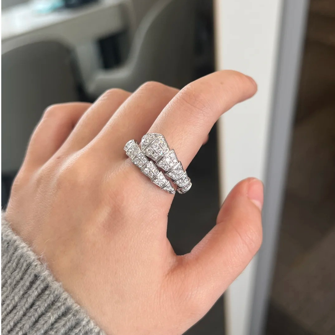 99新 BVLGARI/宝格丽 小花Jerry 白金满钻蛇头戒指 s号
