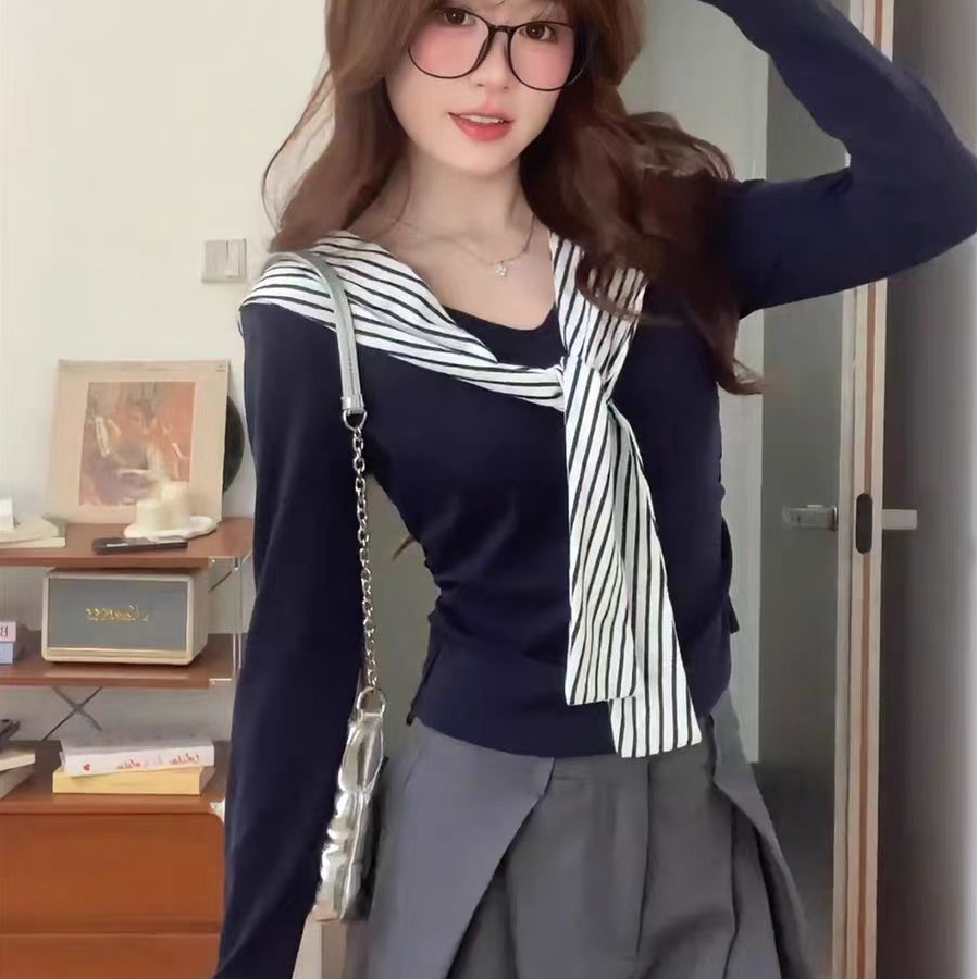 【毛毛专属】条纹拼接假两件V领上衣