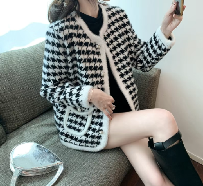 030小香风女外套外套短款宽松显瘦针织开衫女上衣千鸟格