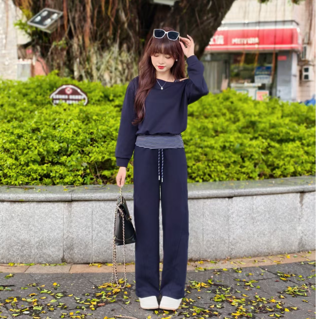 西米家【时髦懒人】小个子套装女秋不规则斜肩T恤搭长裤两件套2190