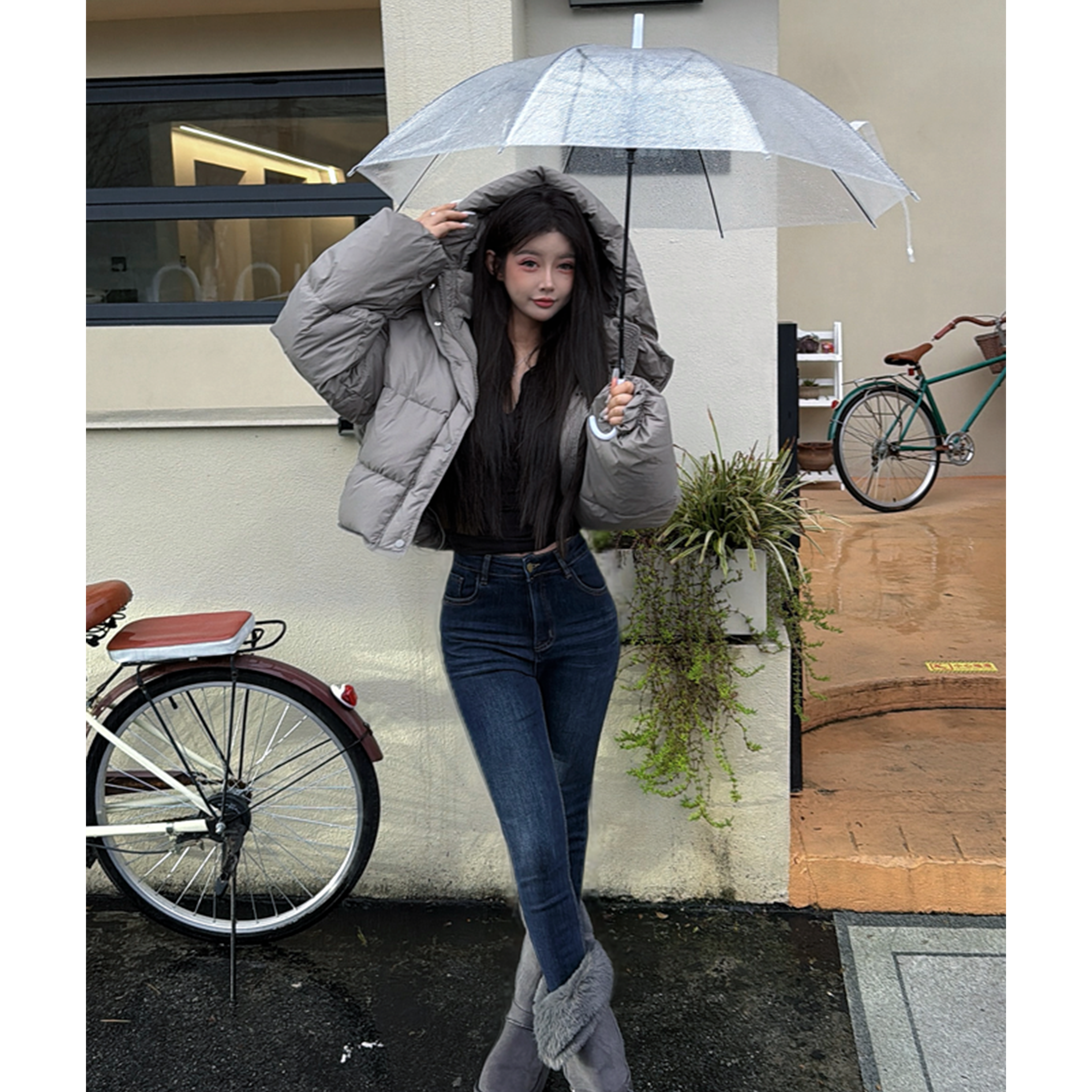 21 DEGREES灰色秋冬款宽松加厚保暖连帽羽绒服