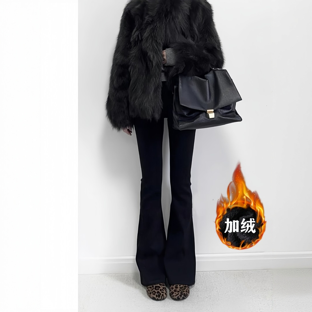 【现货+运费险】加绒黑色弹力牛仔裤女2025秋冬高腰显瘦修身微喇裤