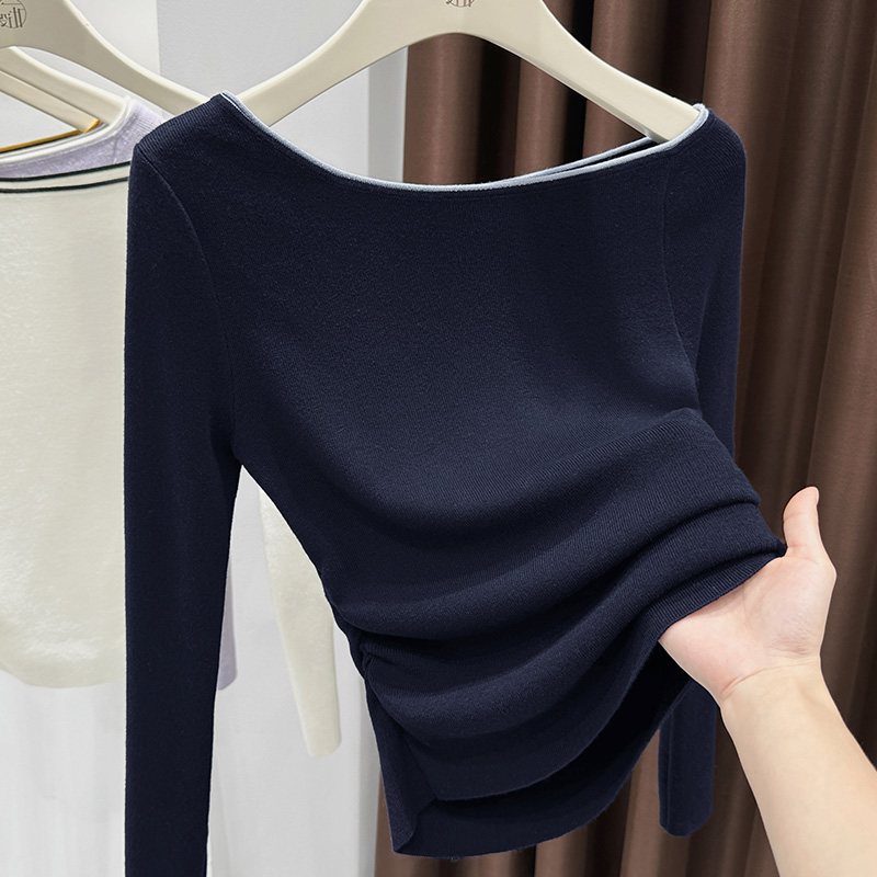 藏蓝色斜肩露肩长袖小衫女2025秋冬褶皱小众设计感内搭打底衫上衣