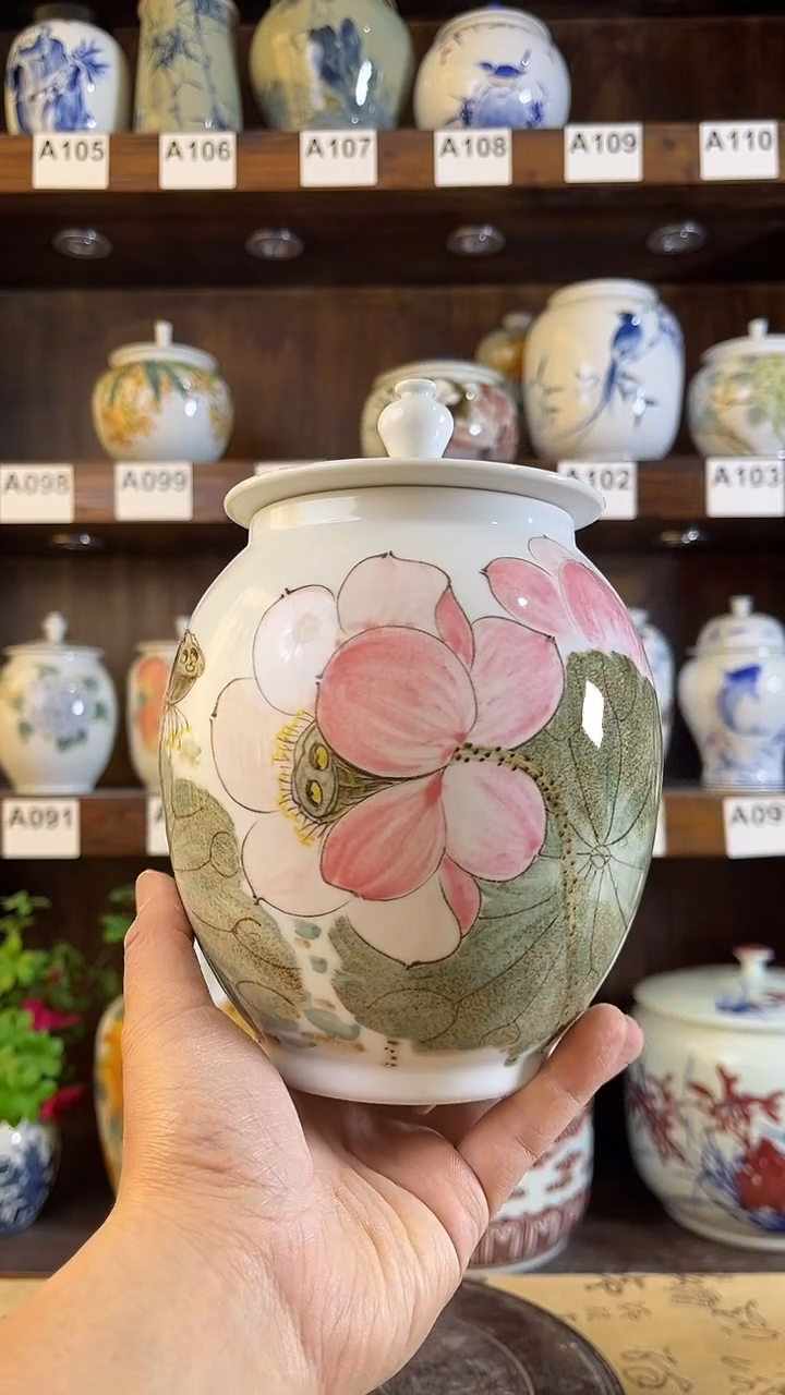 纯手工手绘工笔荷塘月色储物罐
