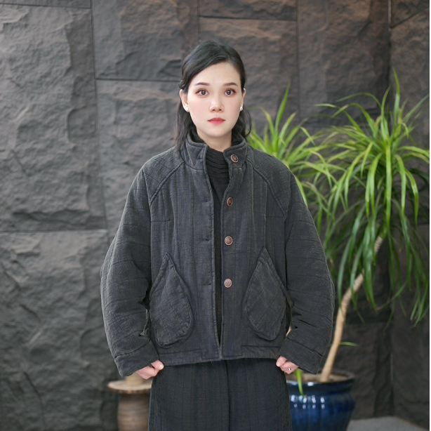 【亚麻炒色棉衣】短款长袖做旧棉衣炒色立领上衣外套棉袄常规款棉服