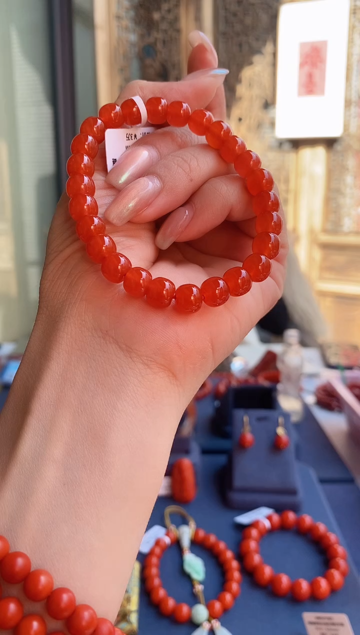 未镶嵌手链南红玛瑙用****3博物馆保山河湾冰红南红老型单圈8+mm