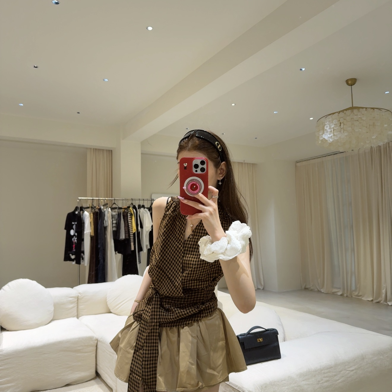 IU INC 经典菱格 V领夏季时尚气质格纹梭织无袖上衣T恤