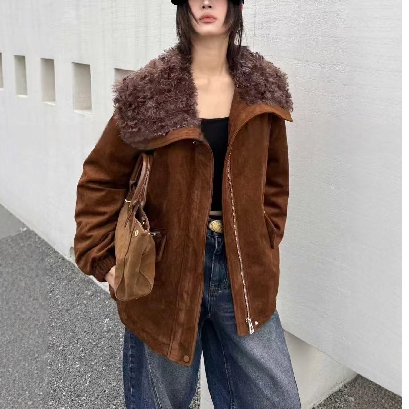 【晨浠定制】新款大翻领时尚慵懒风皮毛一体外套8687