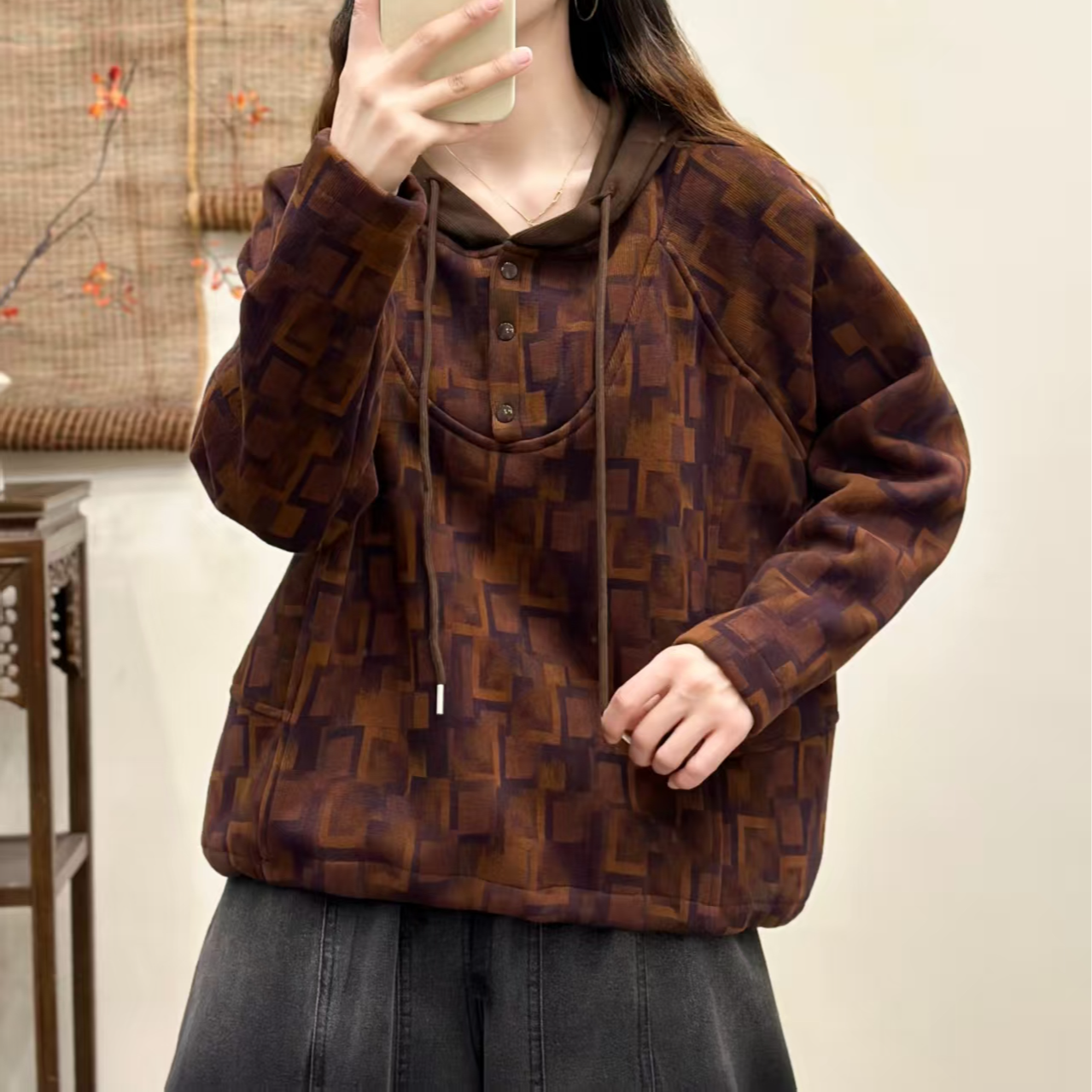 16923新款秋冬加绒休闲减龄宽松显瘦印花连帽卫衣