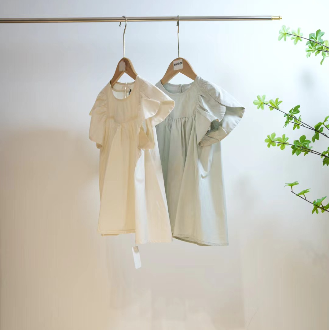 2-066-一款两色压褶设计夏季女童系带娃娃衫J