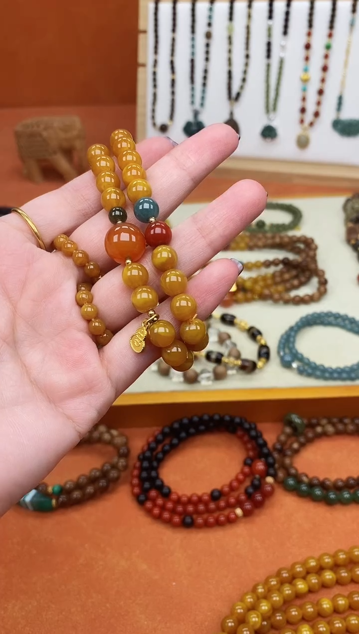 手链蜜蜡未镶嵌双圈蜜蜡和田南红蓝水手串