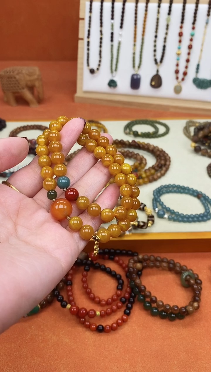 手链蜜蜡未镶嵌双圈蜜蜡和田南红蓝水手串