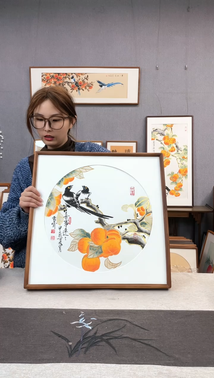 【闪购商品】国画刘玉学-手绘带框作品-52*52-柿子