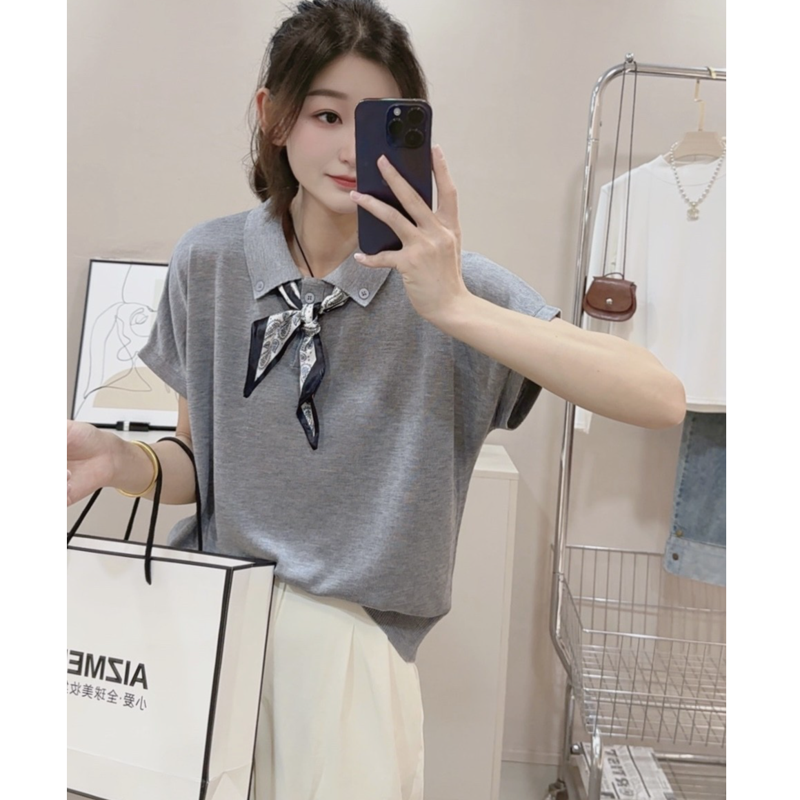 100莱赛尔天丝～慵懒显瘦落肩袖丝巾系带设计感Polo领女针织衫