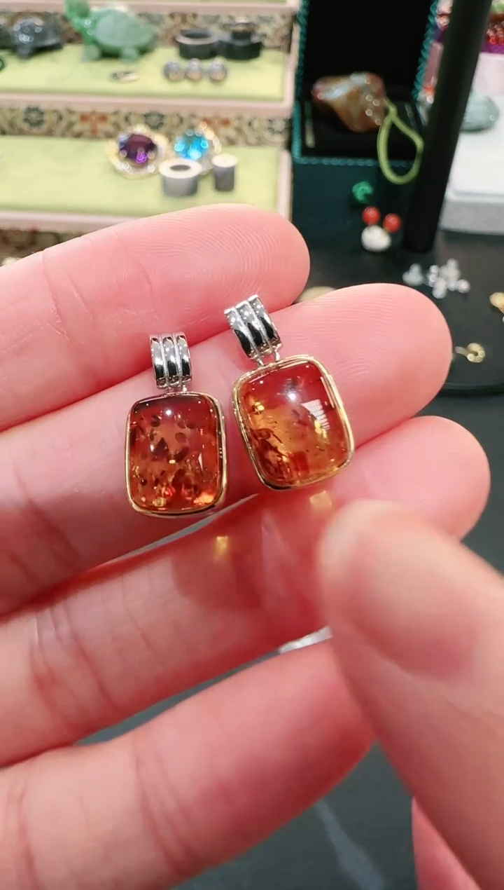 【闪购商品】琥珀裸石银S925镶嵌耳饰