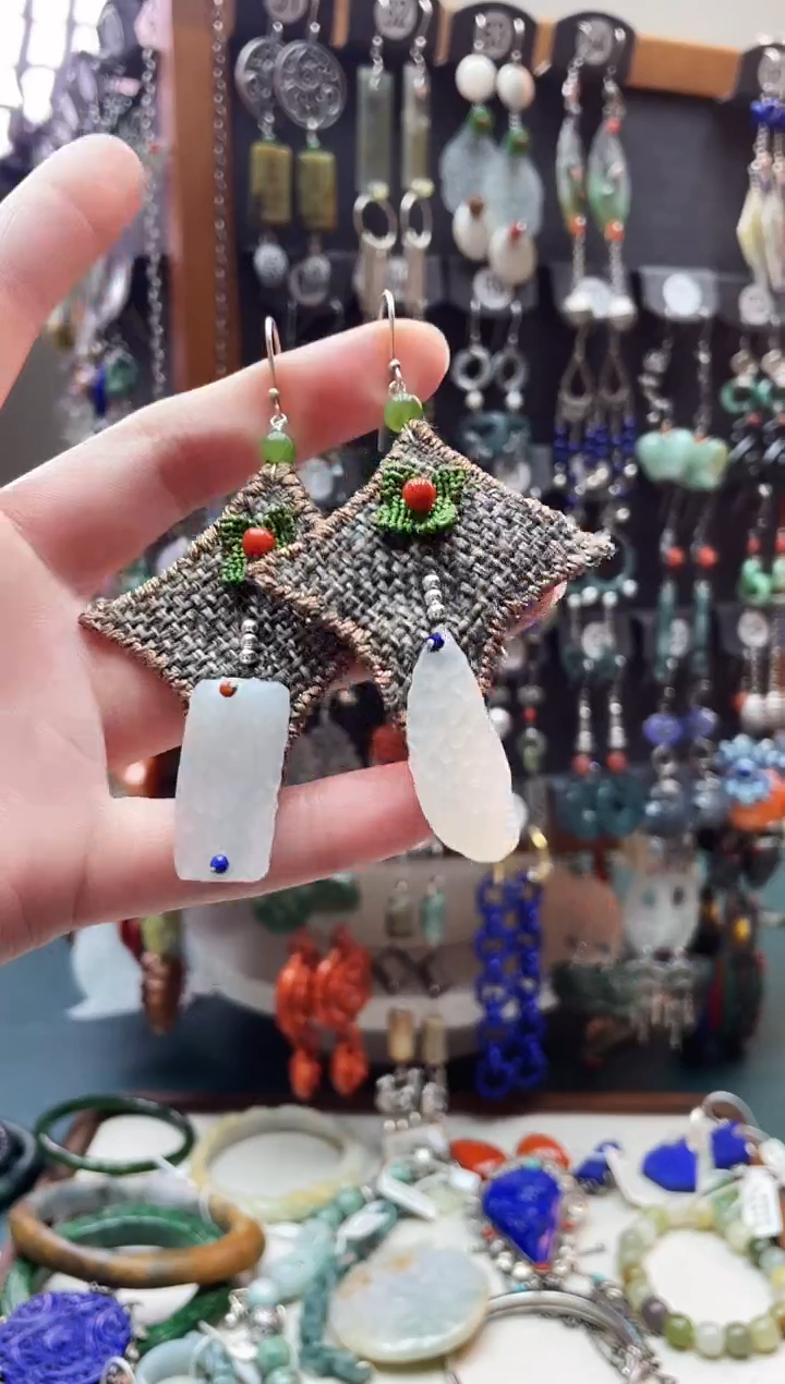 银S925镶嵌和田玉耳饰梦**年饰品