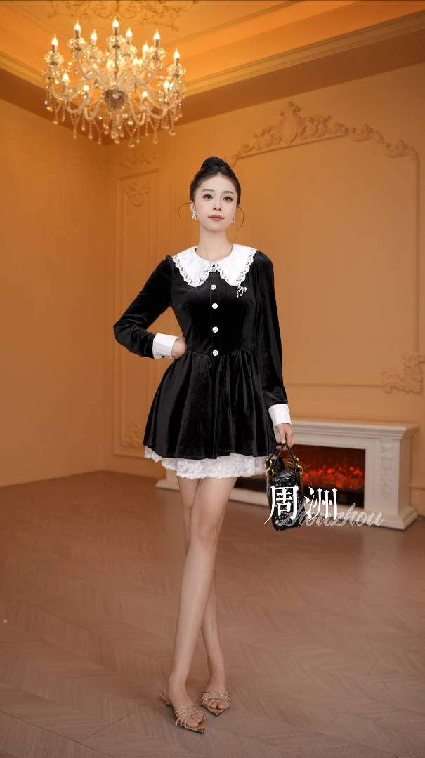 【周洲】【有里布】法式黑色丝绒连衣裙女蕾丝拼接小黑裙TX0194