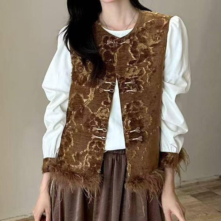 5709号7672#秋冬拼接袖打底+中式提花流苏毛毛马甲两件套