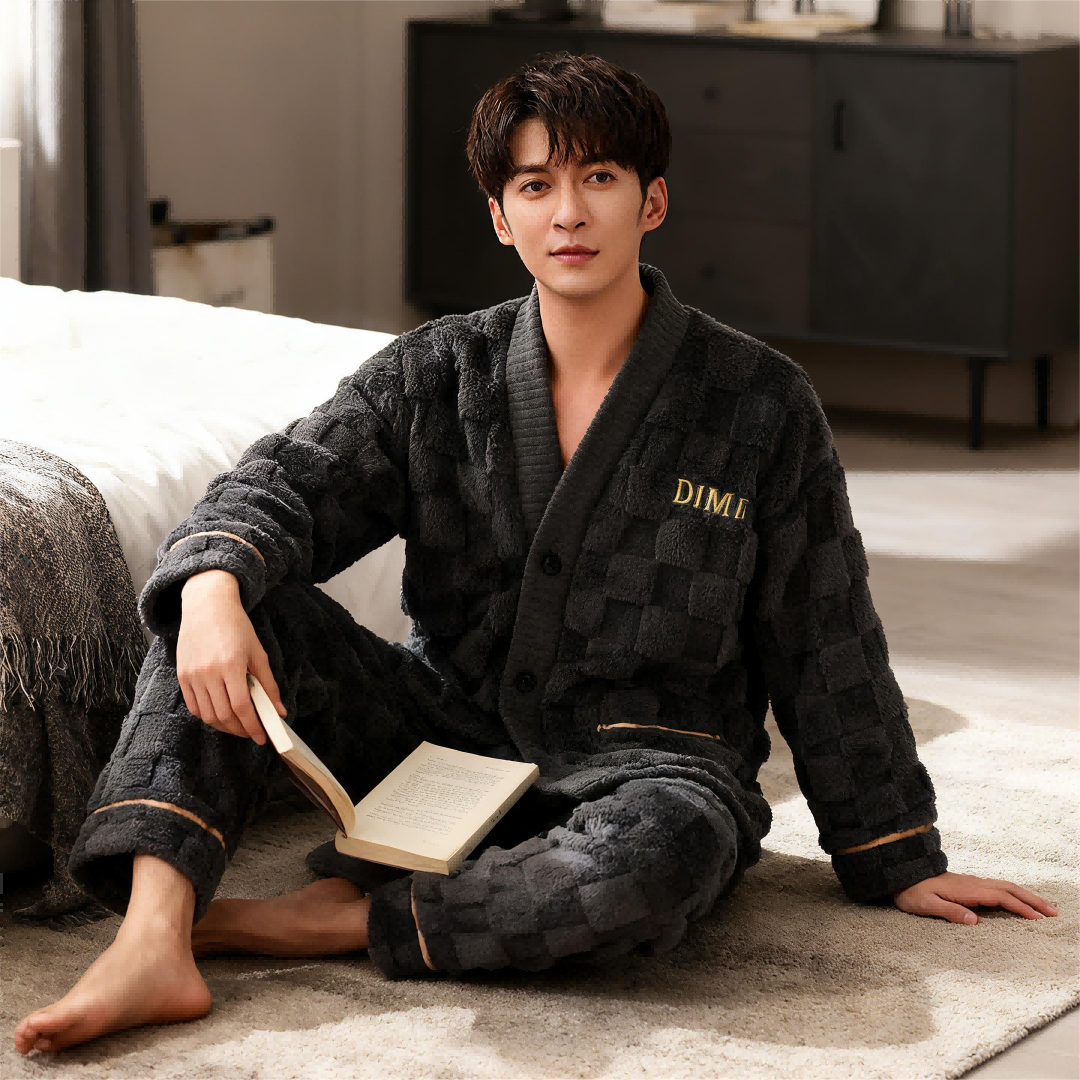睡衣男冬季新款棋盘格V领灰加绒加厚舒棉绒保暖家居服可外穿套装