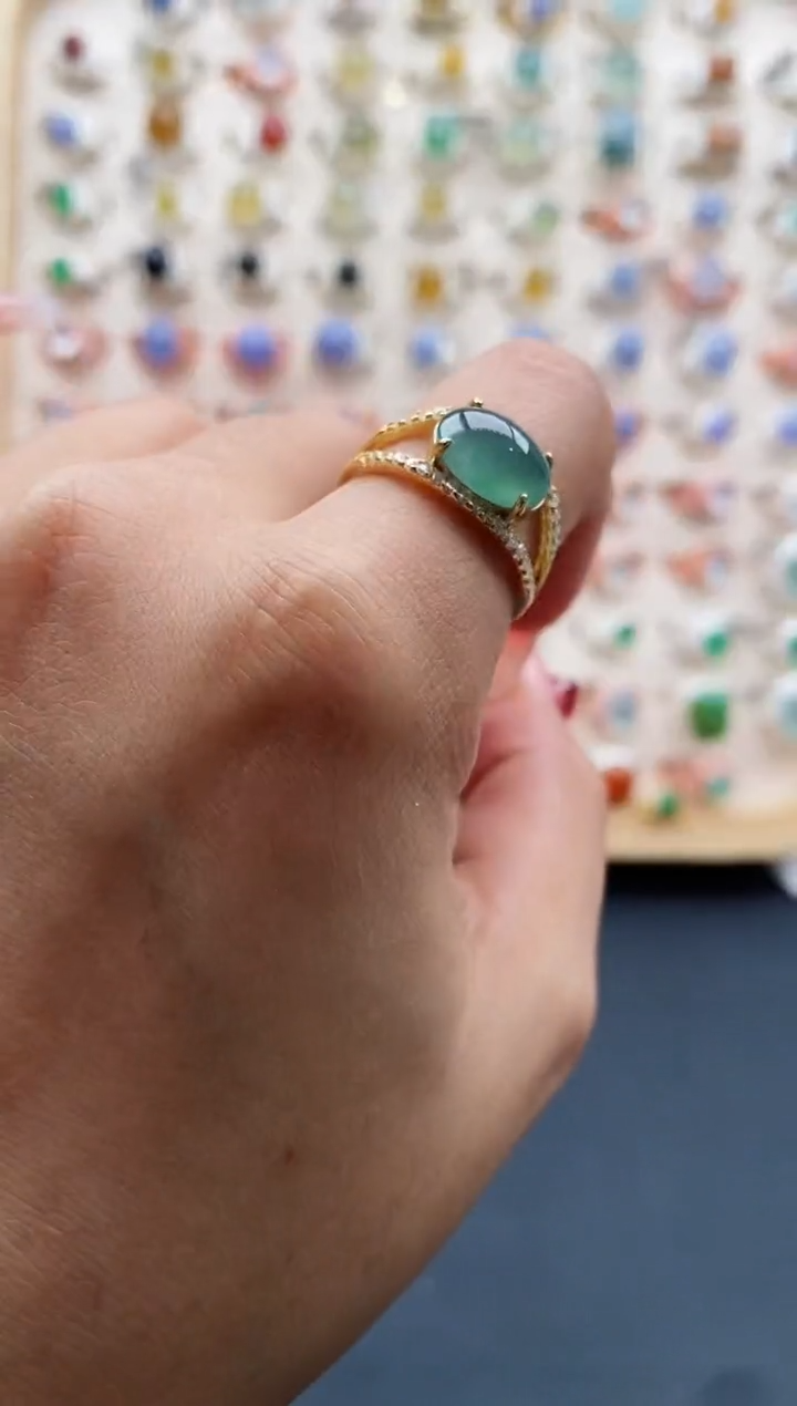 【闪购商品】翡翠戒指银S925镶嵌缅甸天然A货翡翠222 8+2