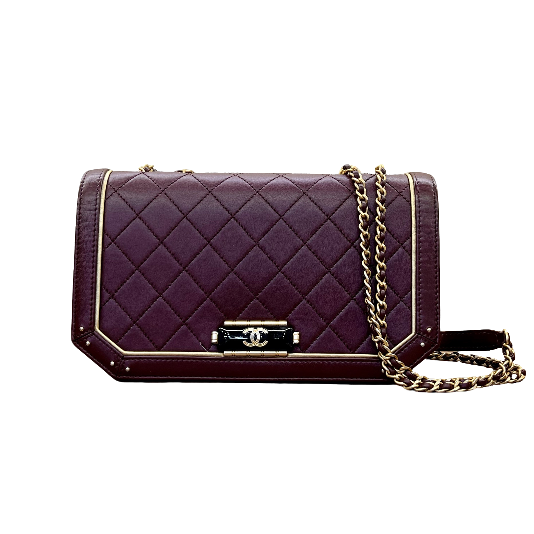 99新 Chanel/香奈儿 波尔多红珐琅链条包时尚格纹口盖包经典中号