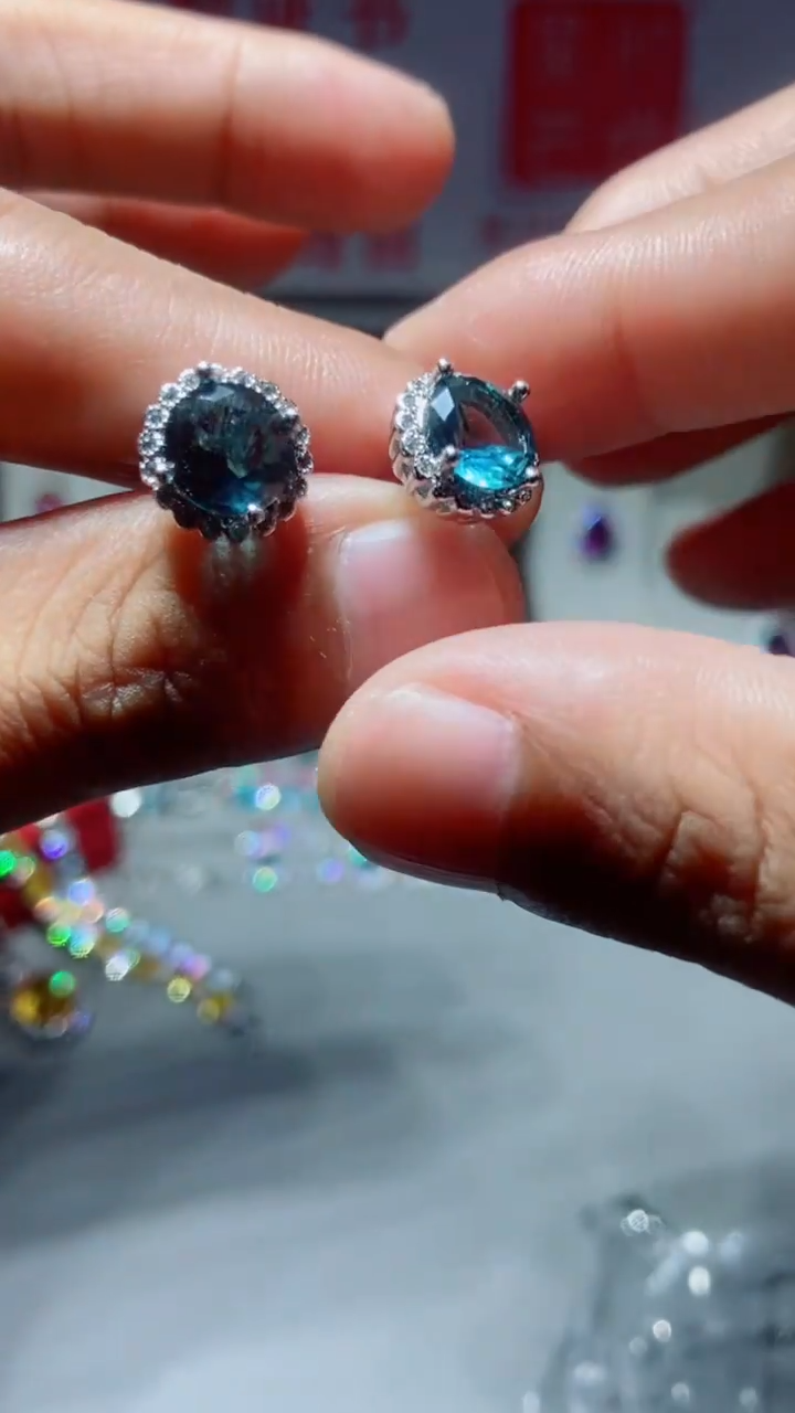 银S925镶嵌耳钉海蓝宝石716