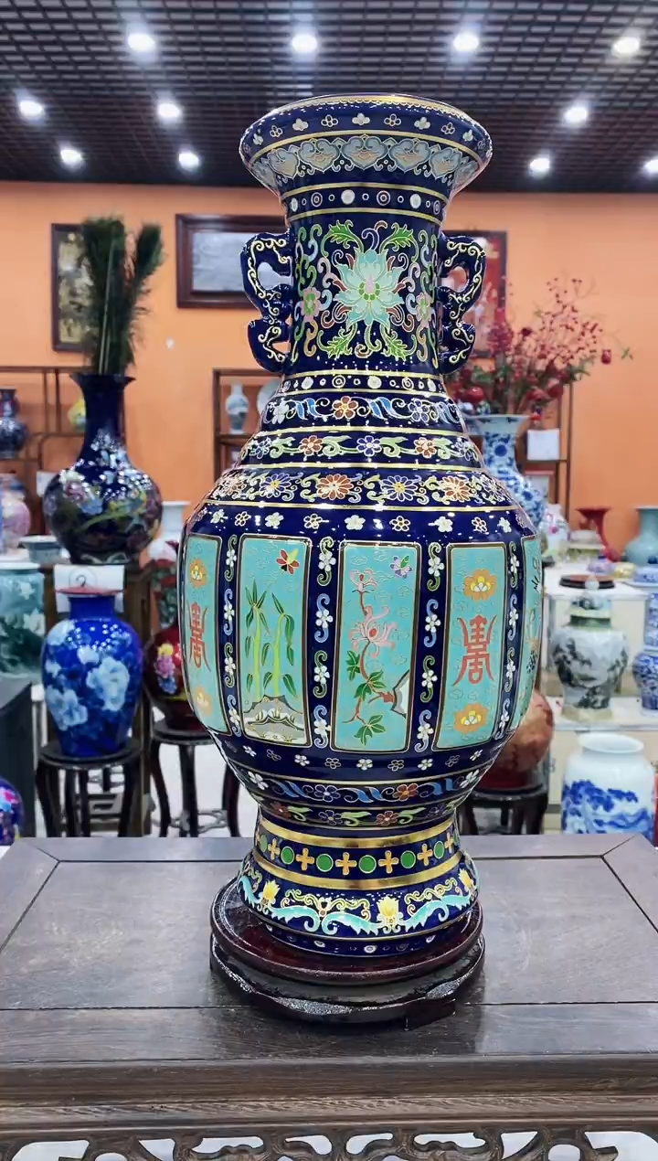 瓷片夜光珐琅彩景泰蓝高41CM双耳瓷尊+旋转底座