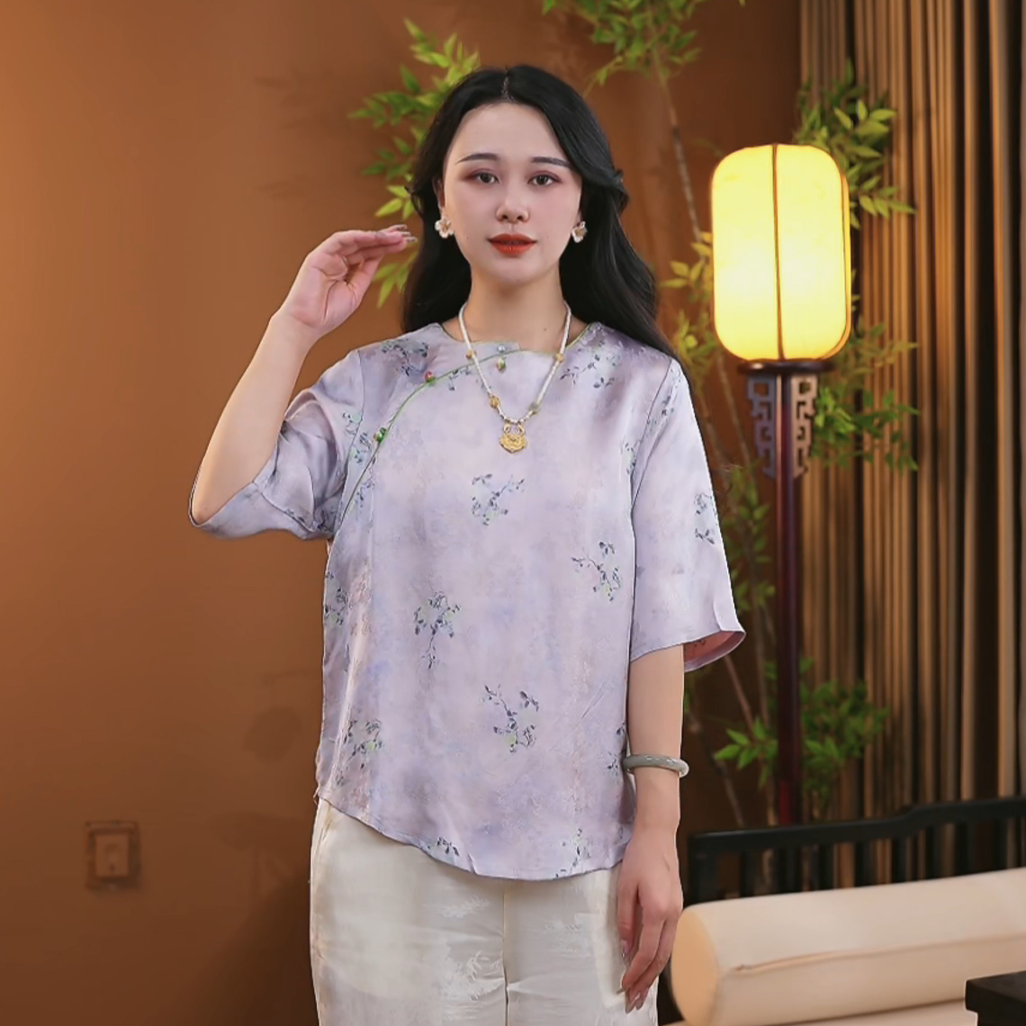 夏季新中式桑蚕丝短袖女时尚显瘦百搭中国风上衣女S176