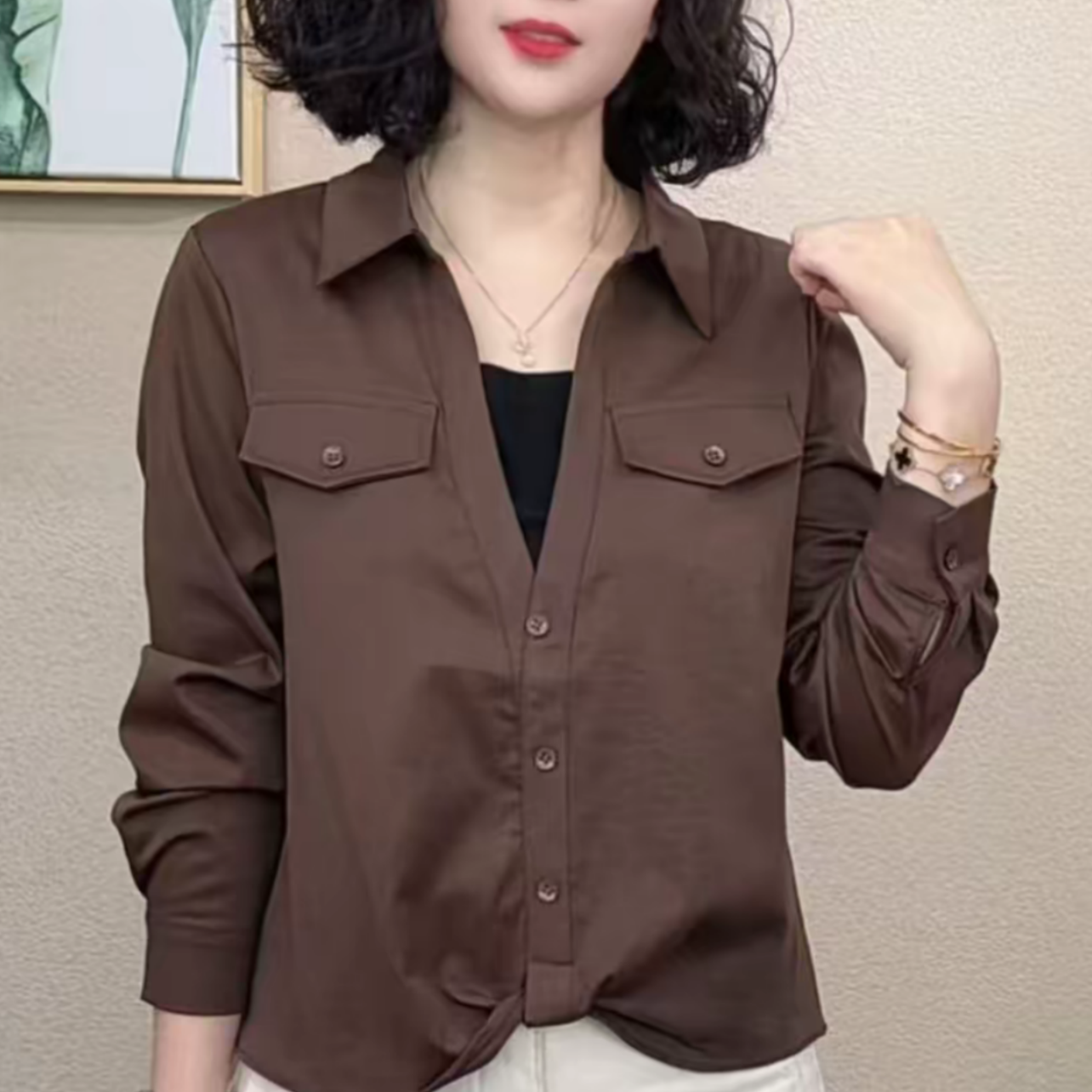 时尚妈妈装翻领秋季POLO领不起球吸汗衬衫女气质长袖休闲衬衣外套