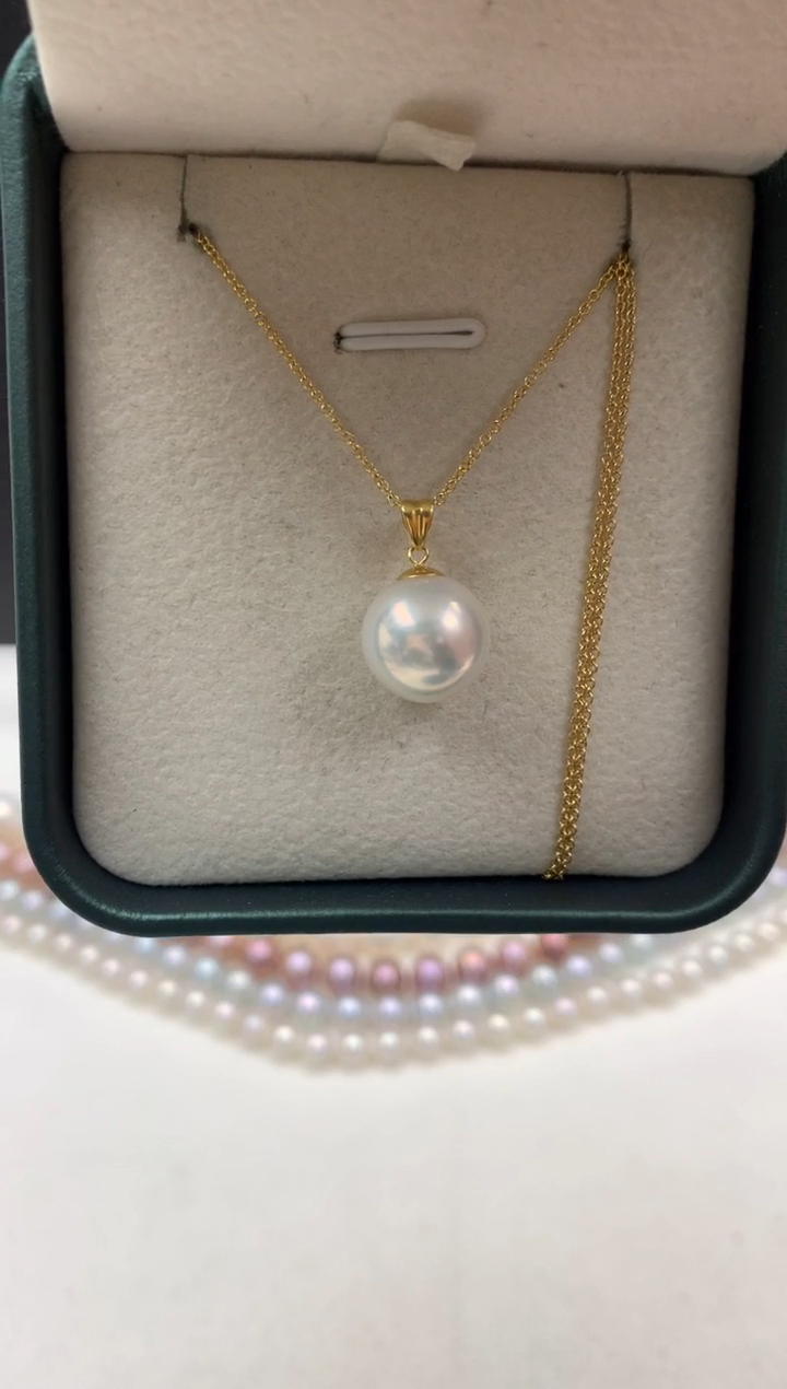 18K金镶嵌ff淡水珍珠白珠吊坠(赠链）11~12mm