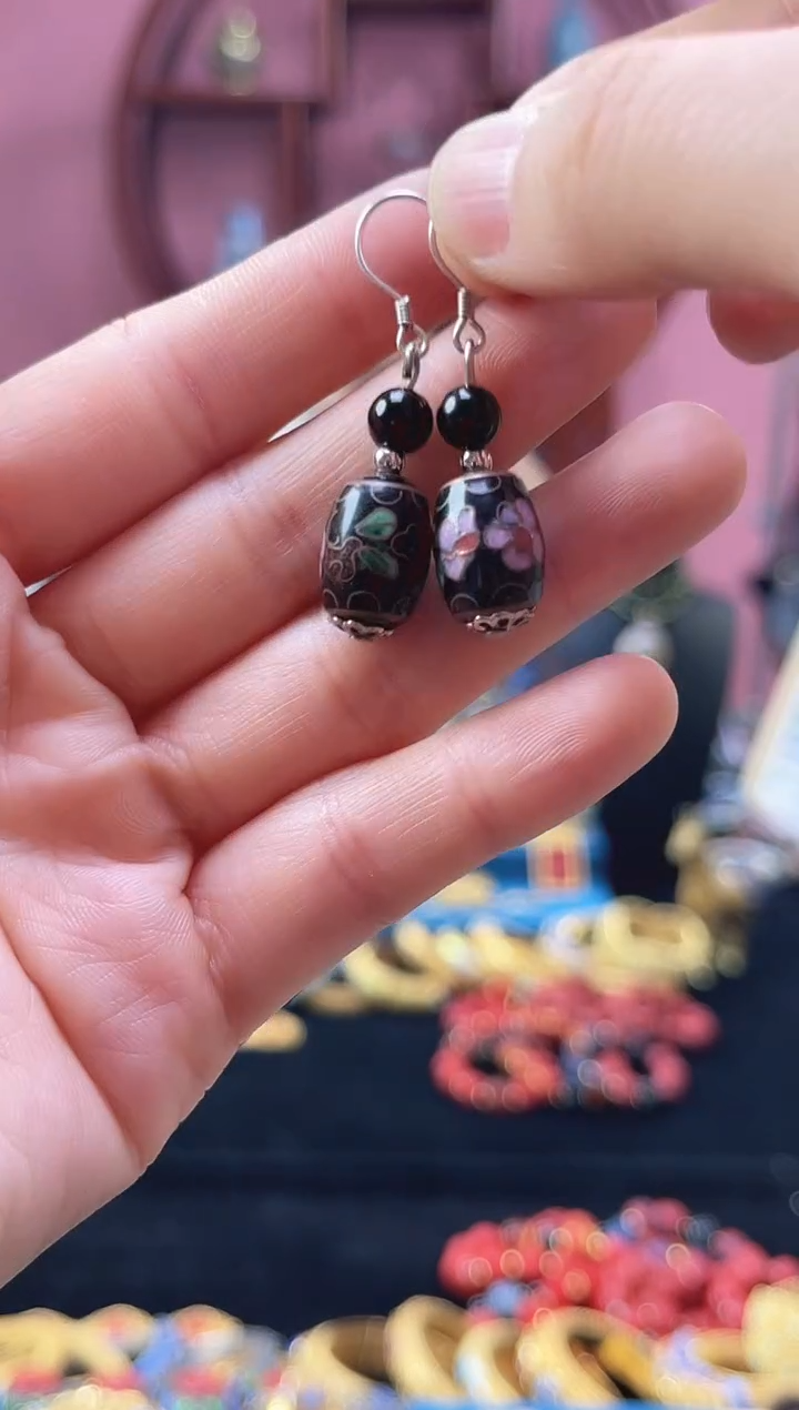 非遗 景泰蓝 耳环 鼓珠 黑色