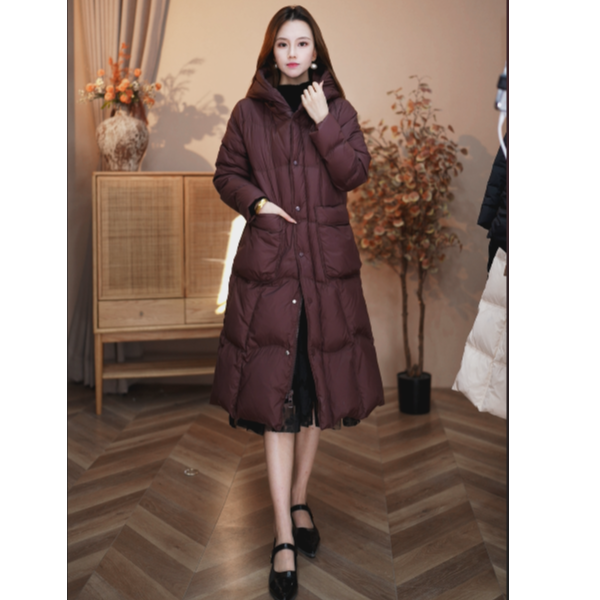 【新款】冬季纯色百搭宽松中长款过膝女口袋加厚连帽白鸭绒羽绒服