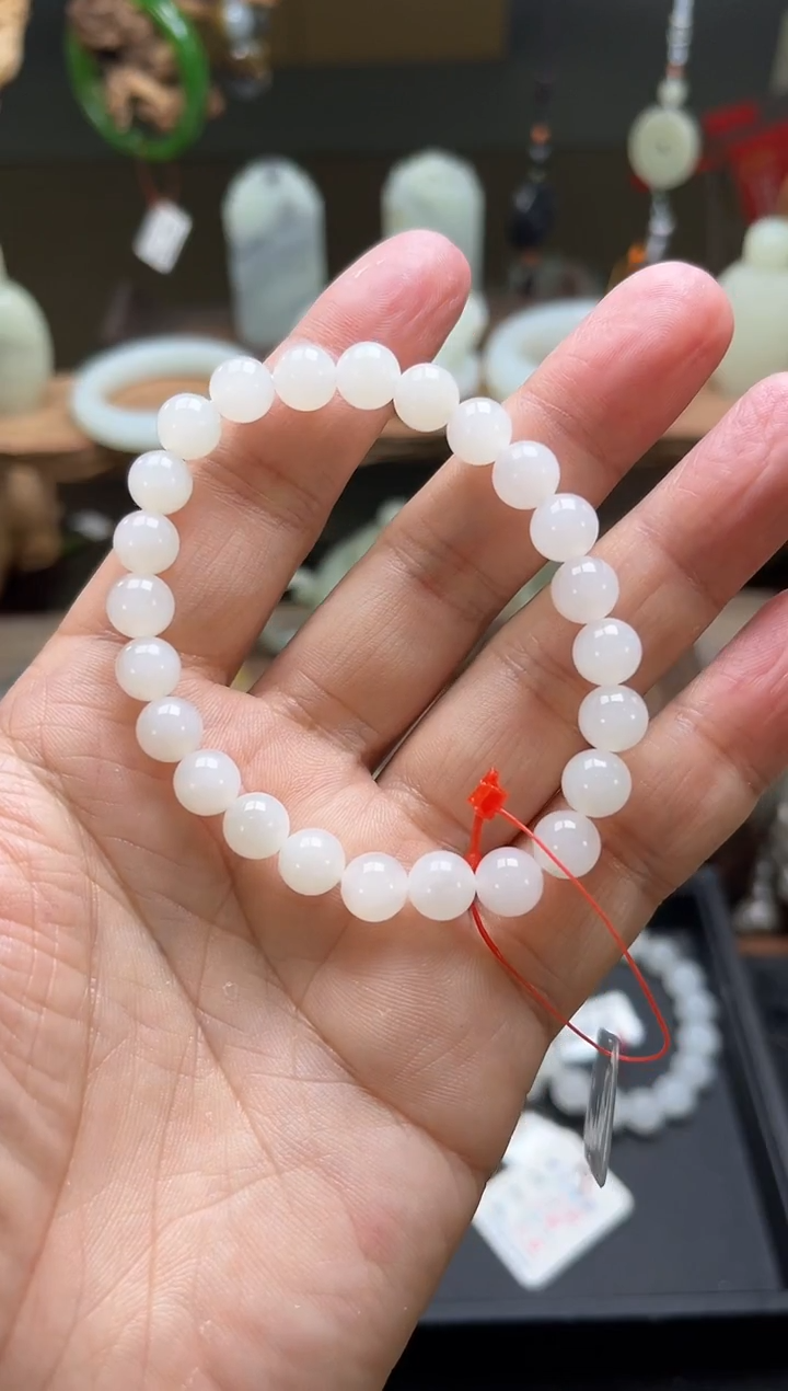 【闪购商品】和田玉手串未镶嵌卡8且末天泰白玉 圆珠 30513