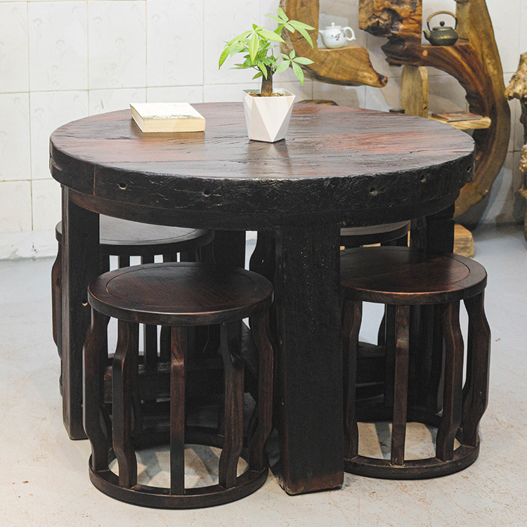 新中式老船木实木圆形餐桌户外简约碳化餐桌椅组合仿古阳台小圆桌
