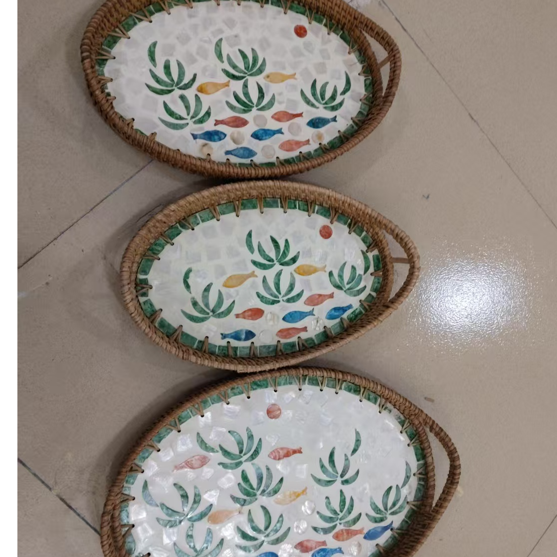 藤编贝壳盘随机三件套
