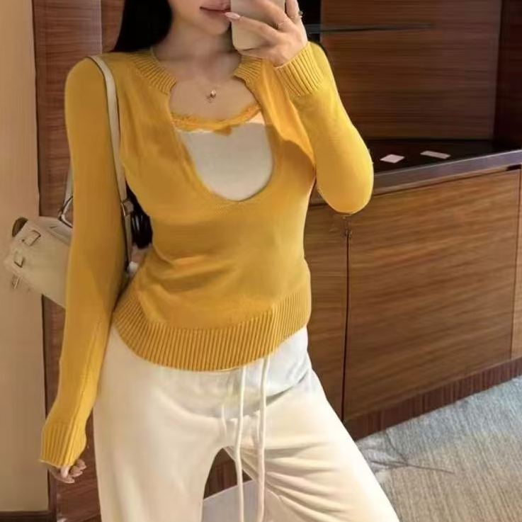 婷婷加2025秋冬新款女修身收腰显瘦假两件打底上衣