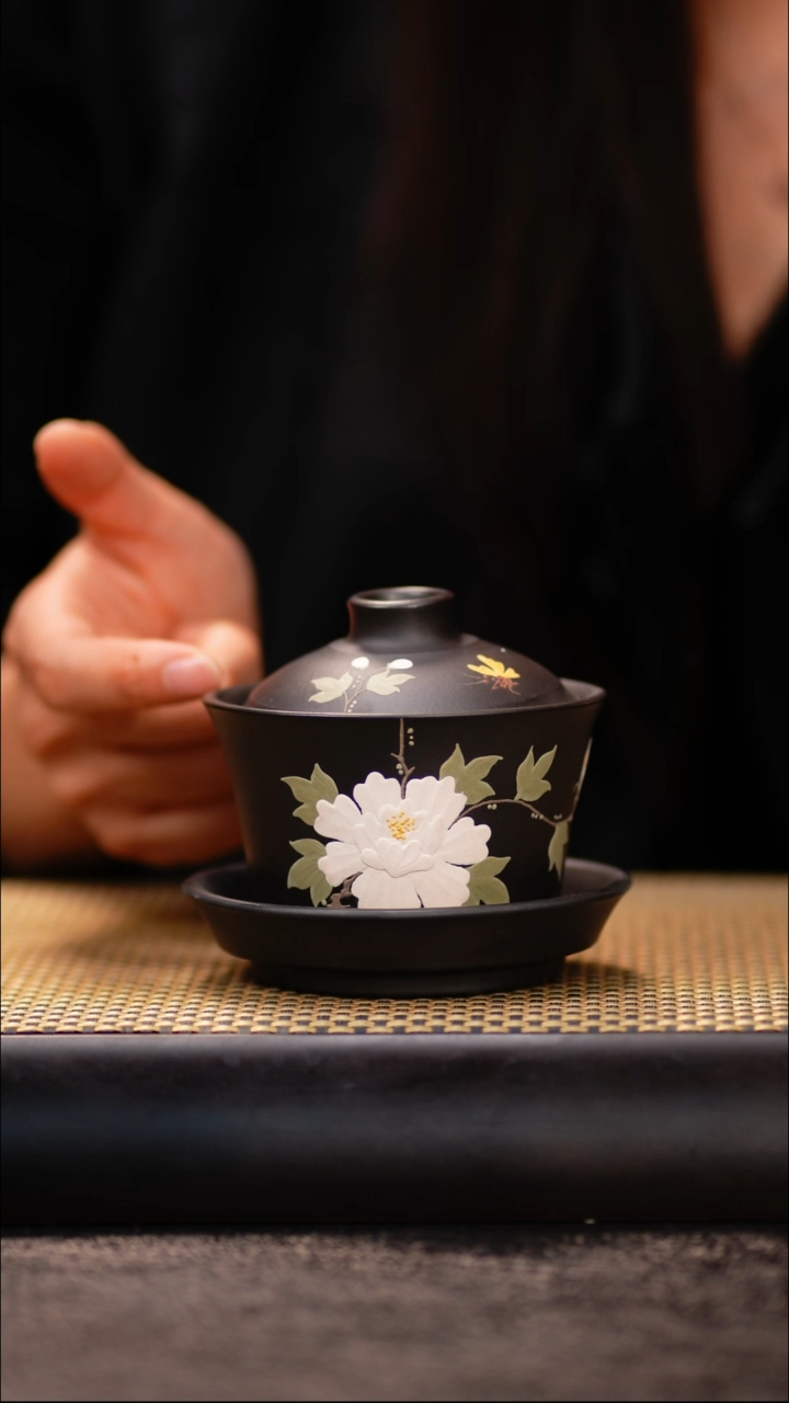 17小鱼高黑料牡丹三才盖碗