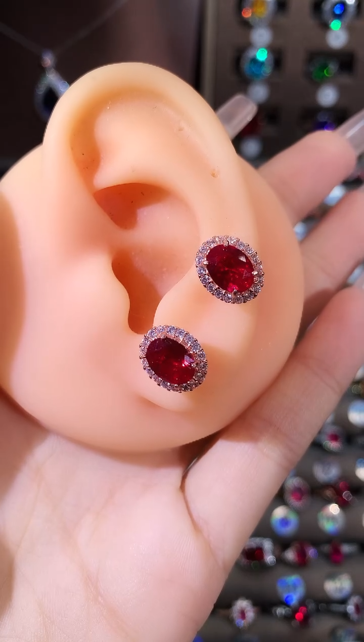 银S925镶嵌耳饰红宝石68金色酒红