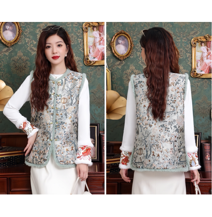 新中式马甲秋冬新款复古保暖盘扣加厚背心马夹 豆绿色