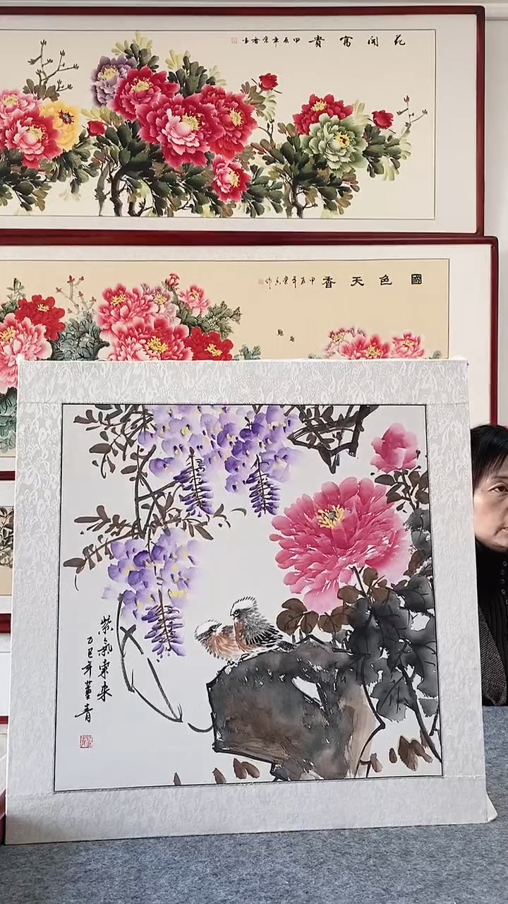 国画纯手绘国画65*65CM带框装饰字画