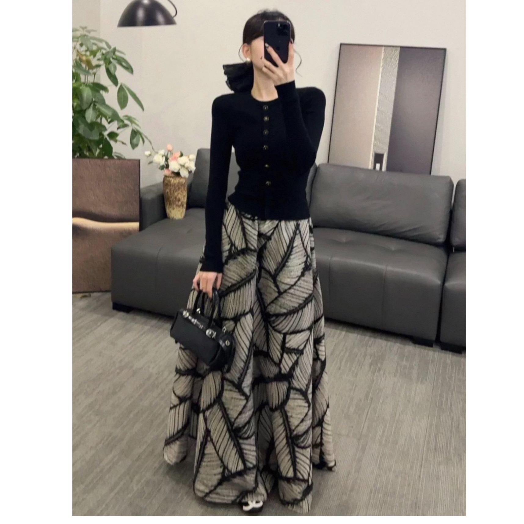 2025秋冬小众通勤时尚气质百搭圆领长袖小衫高腰中长款A字裙套装