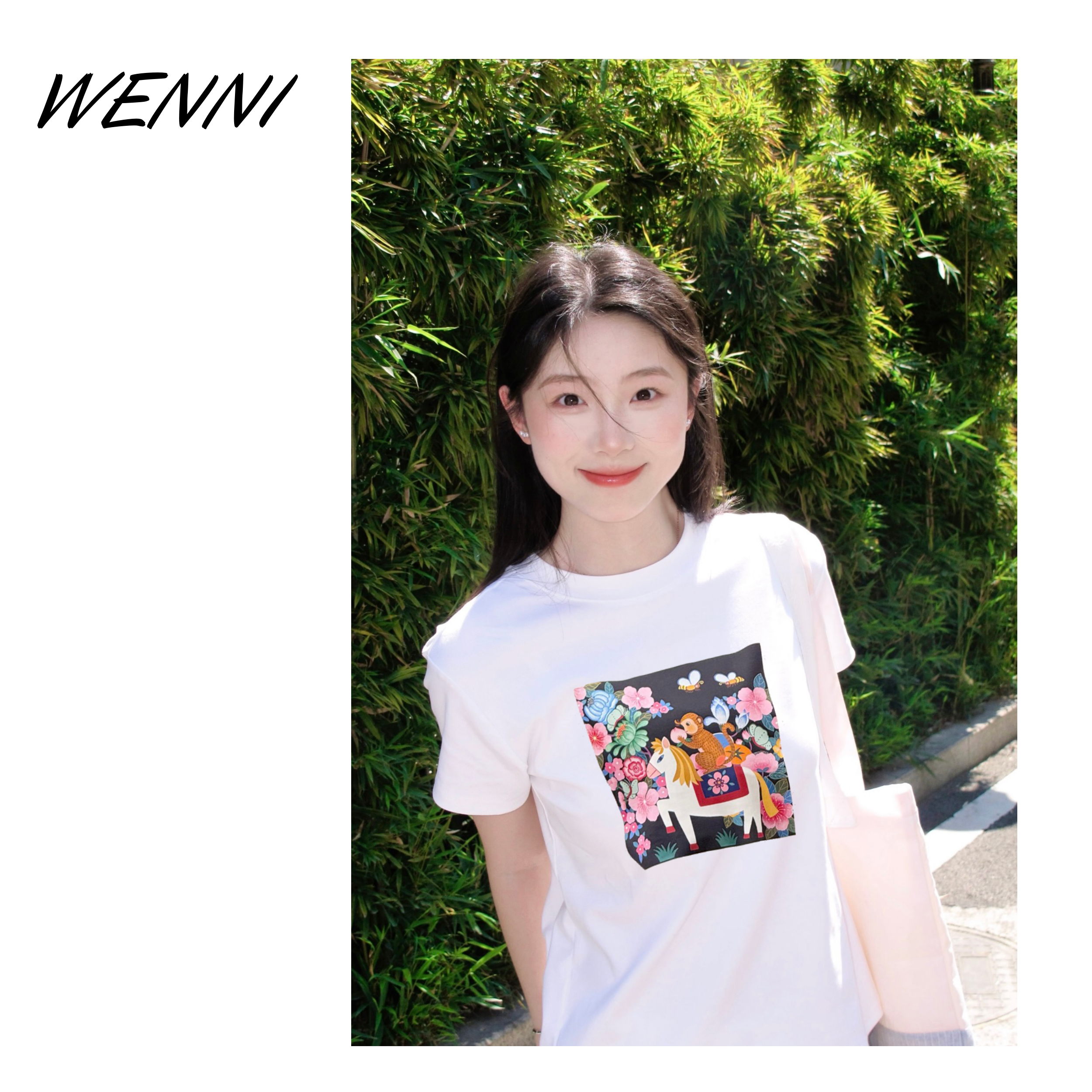 WENNI 禾小姐甜美花卉短袖 / 早春新款吉祥氛围感棉质短袖T恤